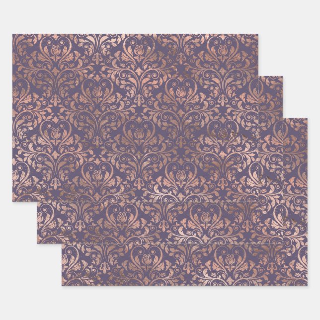 Rose Gold Damask on Purple Wrapping Paper Sheets (Set)