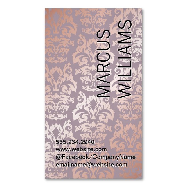 Rose Gold Damask Pattern Business Card Magnet (Front Vertical)