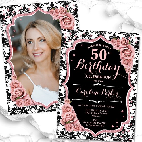 Rose Gold Damask Photo 50th Birthday Invitation