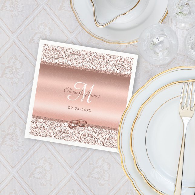 Rose Gold Damask Wedding Monogram Napkins (Creator Uploaded)