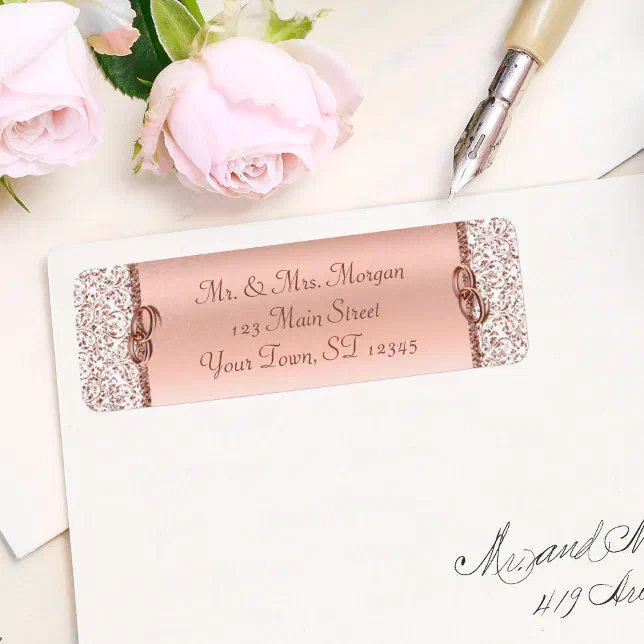 Rose Gold Damask Wedding Return Address Label | Zazzle