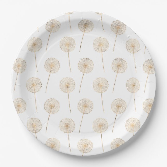 Rose gold dandelion wish white background  paper plates (Front)
