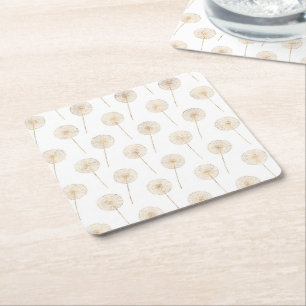 Rose gold dandelion wish white background square paper coaster