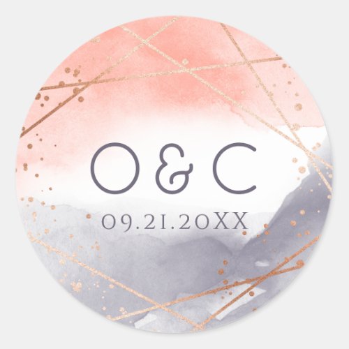 Rose Gold Dawn Watercolor Geometric monogram Classic Round Sticker