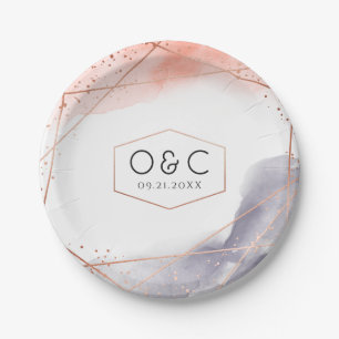 Rose Gold Dawn Watercolor Geometric Wedding Paper Plates