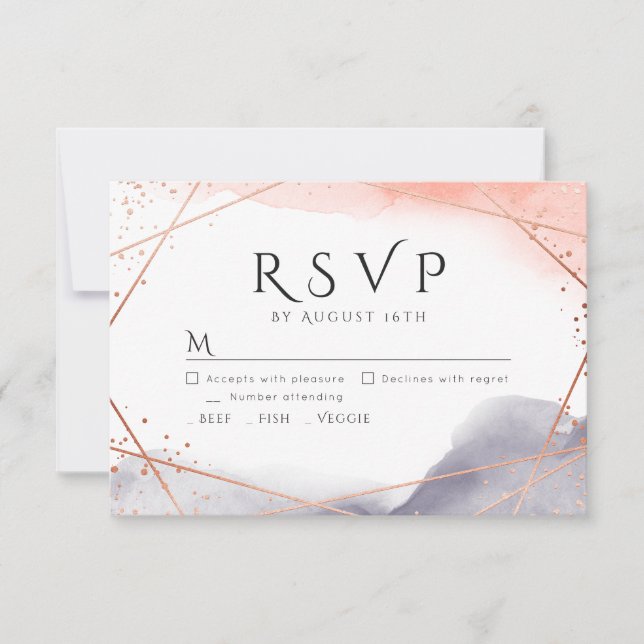 Rose Gold Dawn Watercolor Geometric Wedding RSVP Card (Front)