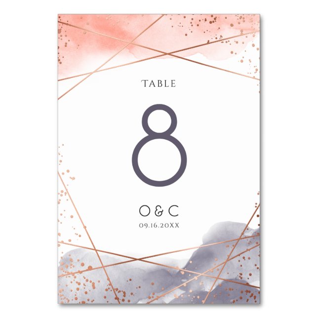 Rose Gold Dawn Watercolor Geometric Wedding Table Number (Front)