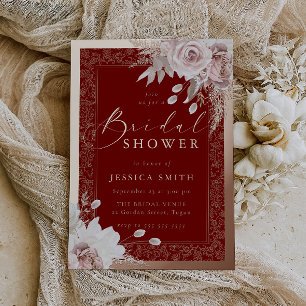 Rose Gold, Deep Red & Blush Floral Bridal Shower Foil Invitation