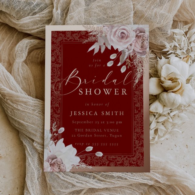 Rose Gold, Deep Red & Blush Floral Bridal Shower Foil Invitation (Creator Uploaded)