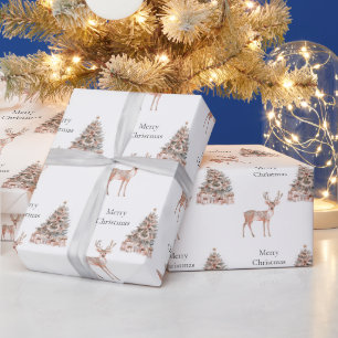 Rose Gold Deer and Christmas Trees Wrapping Paper