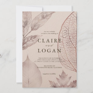 Rose Gold Delicate Leaves Pink Beige Wedding Invitation
