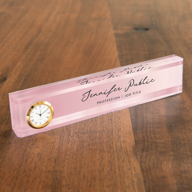 Rose Gold Desk Name Plate With Clock Calligraphy (Side)