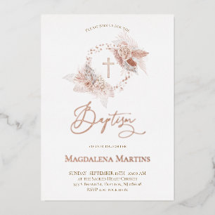 rose gold details Baptism boho flowers Foil Invitation