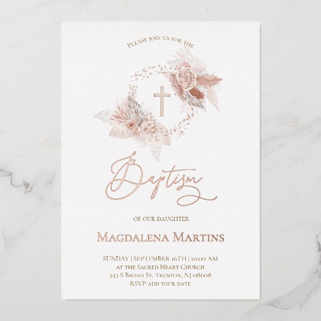 rose gold details Baptism boho flowers Foil Invitation (Front)