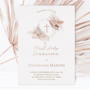 rose gold details First Communion boho flowers Foil Invitation