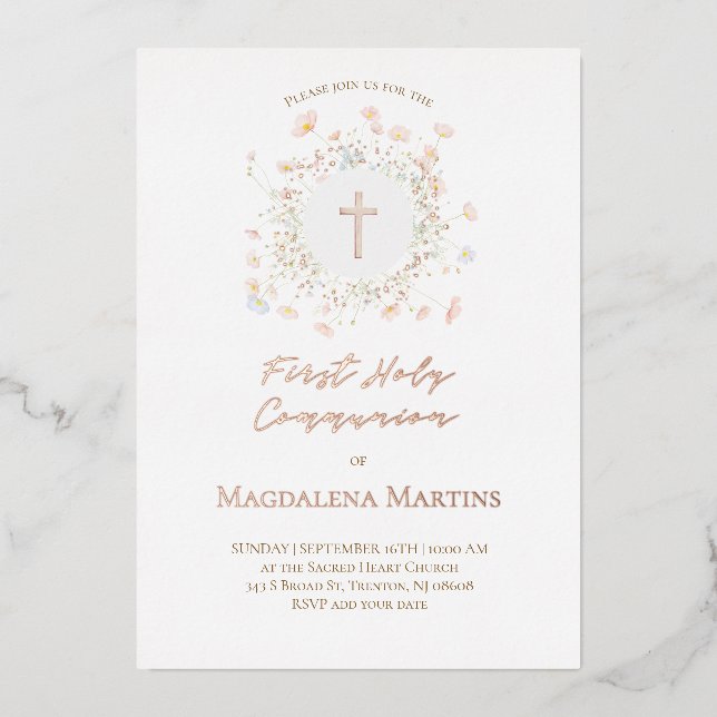 rose gold details First Communion delicate flowers Foil Invitation (Front)