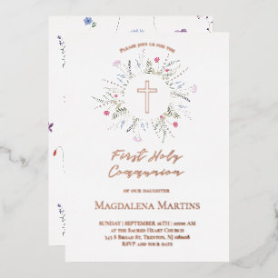 rose gold details First Communion wildflowers Foil Invitation