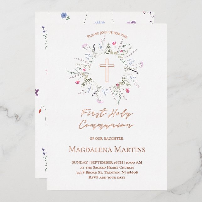 rose gold details First Communion wildflowers Foil Invitation (Front/Back)