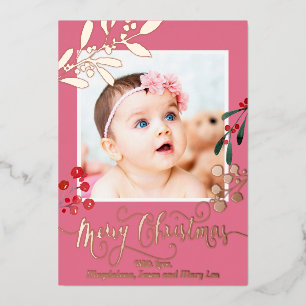 rose gold details Merry Christmas newborn Foil Holiday Card