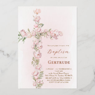 rose gold details peonies cross Baptism Foil Invitation