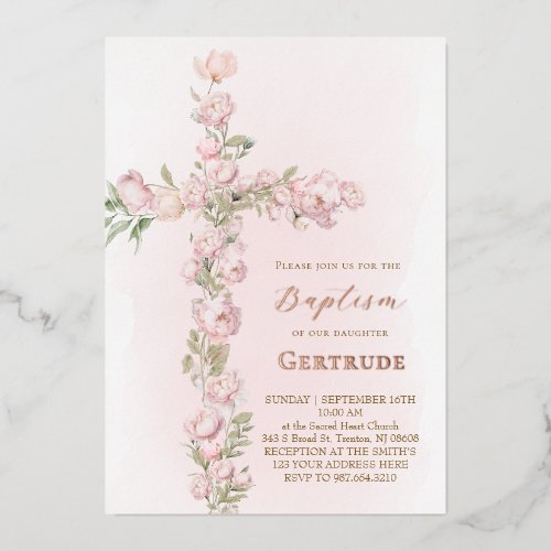 rose gold details peonies cross Baptism Foil Invitation