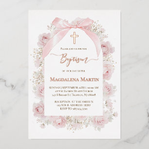 rose gold details pink roses Baptism Foil Invitation