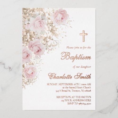 rose gold details wildflowers wreath Baptism Foil Invitation