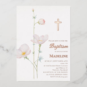 rose gold details wildflowers wreath Baptism Foil Invitation