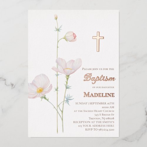 rose gold details wildflowers wreath Baptism Foil Invitation
