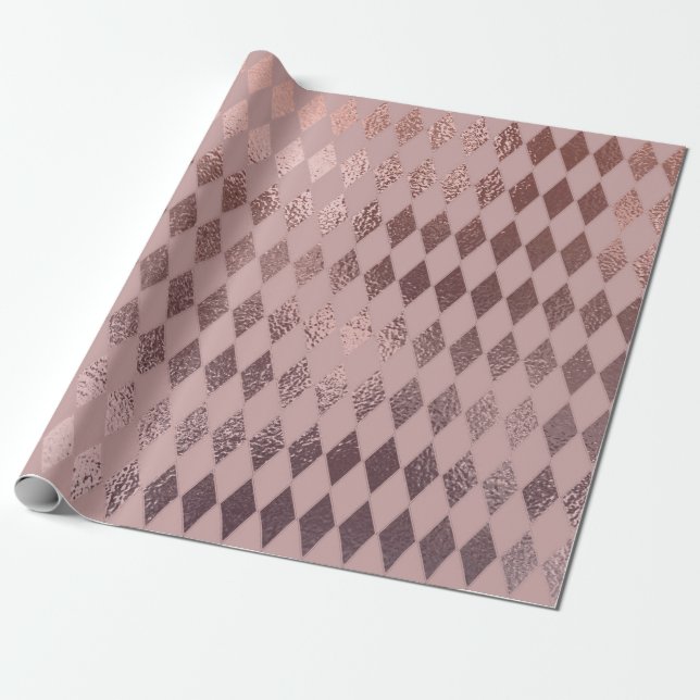 Rose Gold Diamond Checkered Pattern on Blush Pink Wrapping Paper (Unrolled)