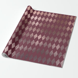 Rose Gold Diamond Checkered Pattern on Burgundy Wrapping Paper