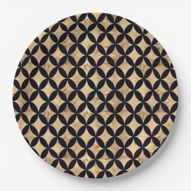 Rose gold diamond circle on black background paper plates (Front)