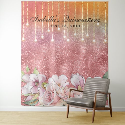 Rose Gold Diamond Glitter Floral Quinceaera Tapestry