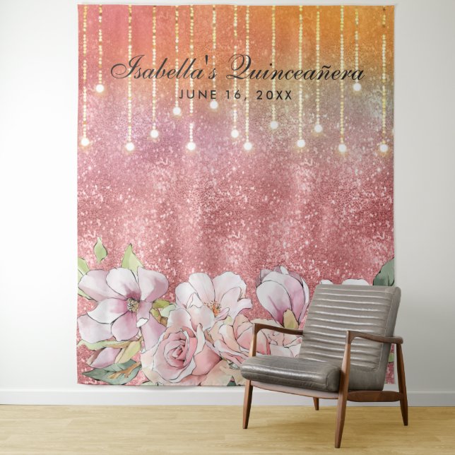Rose Gold Diamond Glitter Floral Quinceañera Tapestry (In Situ)