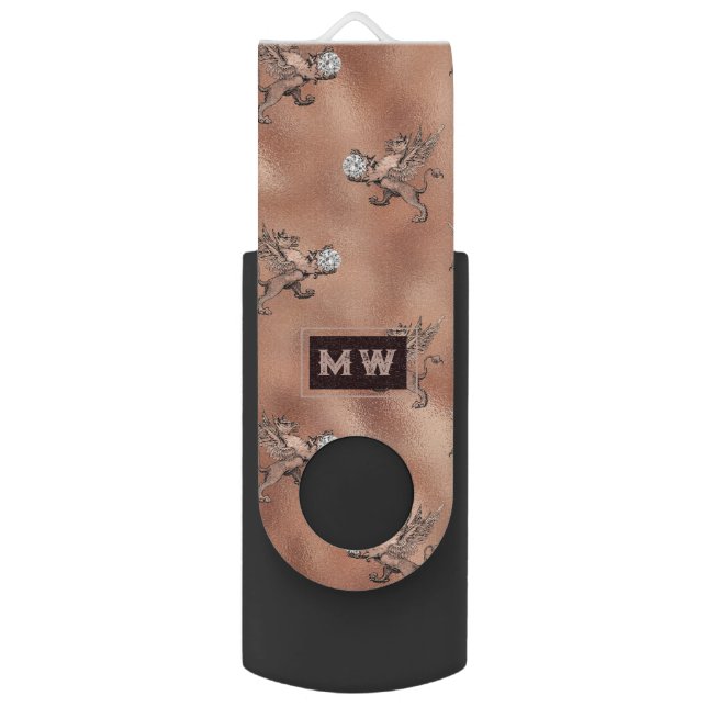 Rose Gold Diamond Griffon Gothic Monogram Flash Drive (Front Vertical)