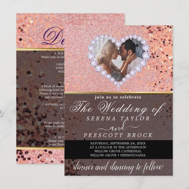 Rose Gold Diamond Heart Custom Photo Wedding Invitation (Front/Back)