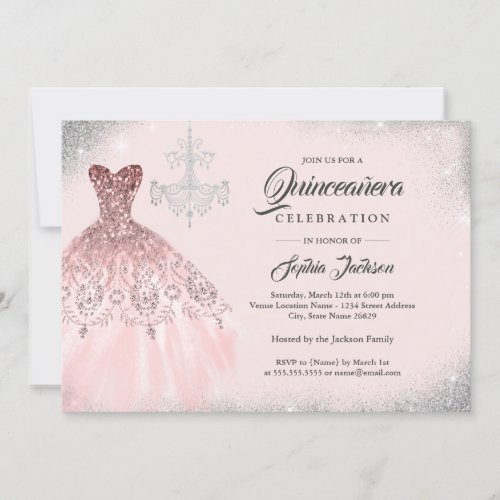 Rose Gold Diamond Lace Gown Quinceanera  Invitation
