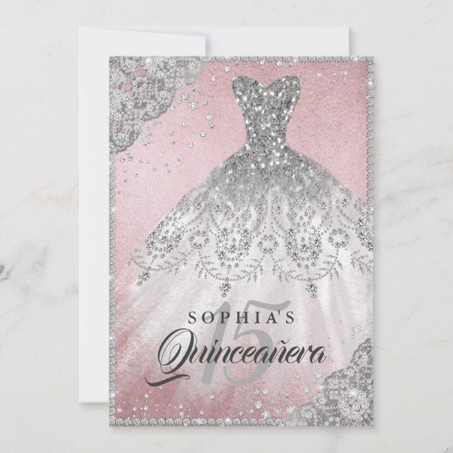 Rose Gold Diamond Lace Sparkle Gown Quinceanera Invitation (Front)