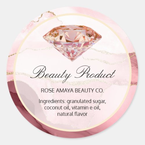 Rose Gold Diamond Marble Agate Beauty Spa Product Classic Round Sticker