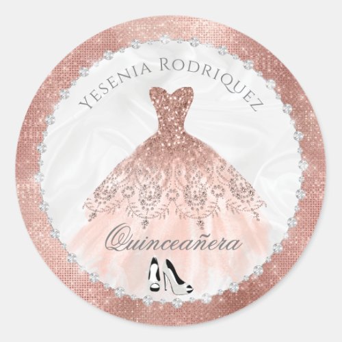 Rose Gold Diamond Sparkle Glam Quinceanera Classic Round Sticker