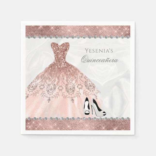 Rose Gold Diamond Sparkle Glam Quinceanera Napkins (Front)