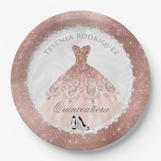 Rose Gold Diamond Sparkle Glam Quinceañera Paper Plates (Front)