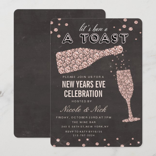 Rose Gold Diamond Wine New Years Eve Invitation (Front/Back)
