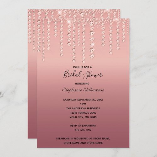 Rose Gold Diamonds Dripping Trendy Bridal Shower Invitation