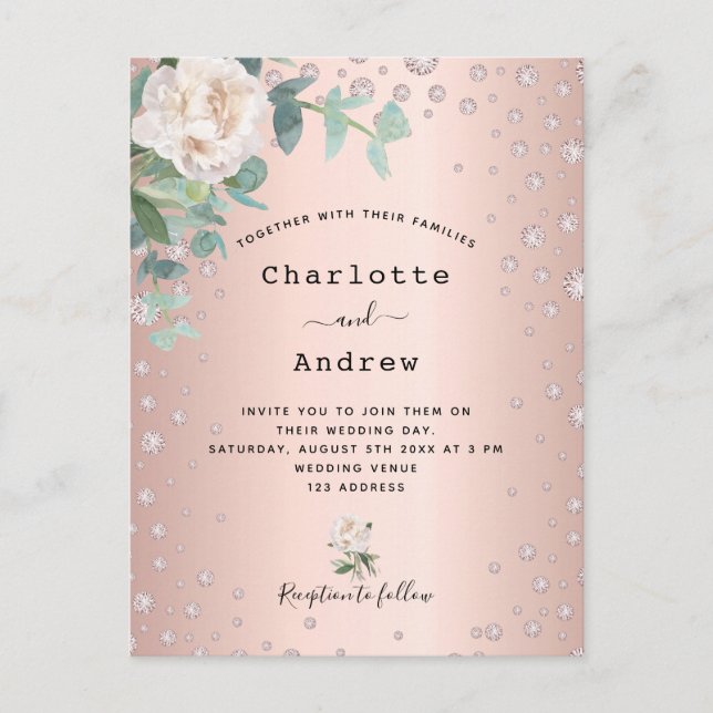 Rose gold diamonds florals wedding invitation postcard (Front)