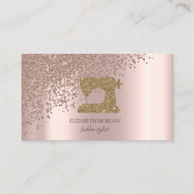  Rose Gold Diamonds Gold Glitter Sewing Machine Business Card (Front)