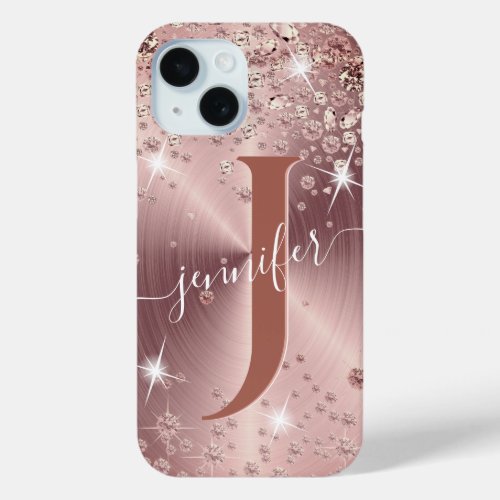 Rose Gold Diamonds _ Personalized   iPhone 15 Case