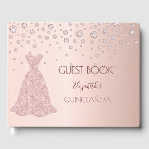 Rose gold diamonds pink dress Quinceanera Guest Book