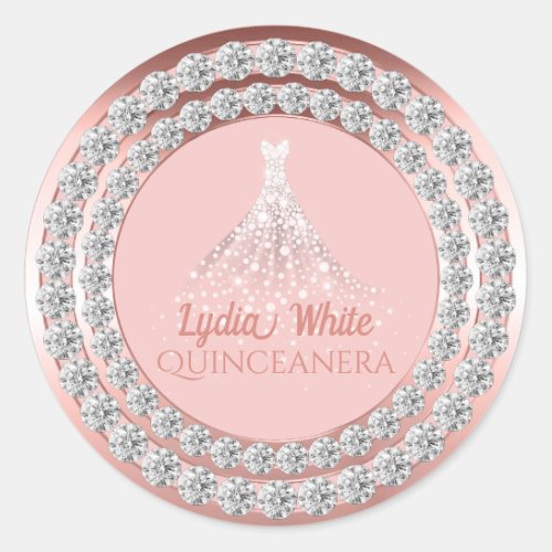 Rose Gold Diamonds Sparkle Dress Quinceanera Classic Round Sticker