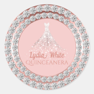 Rose Gold Diamonds Sparkle Dress Quinceanera Classic Round Sticker